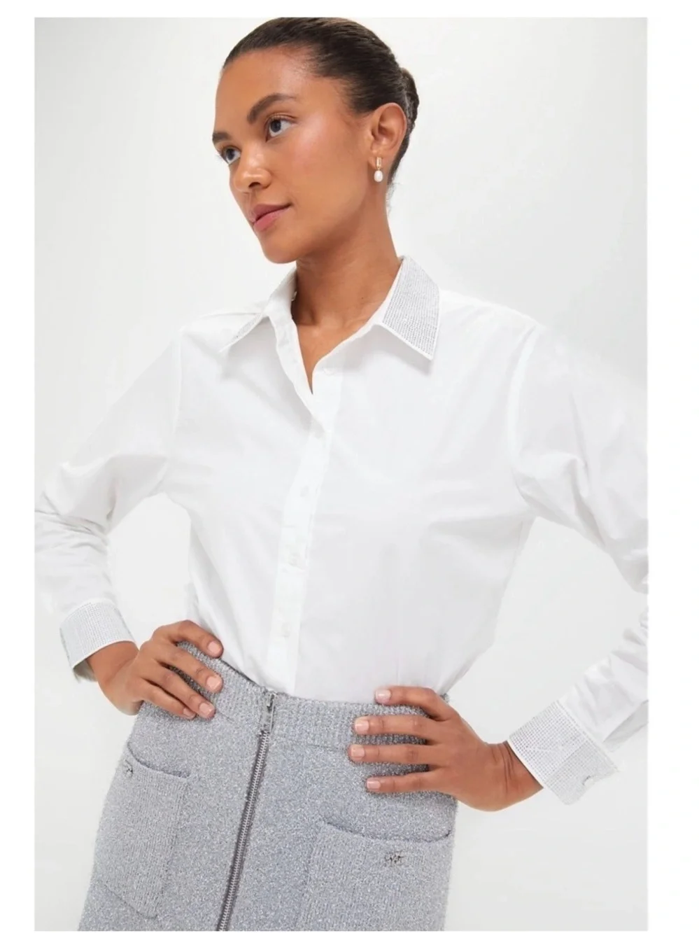 SHIRT ROCHELLE BEHRENS White Icon Shirt Rhinestone Collar NWT XS Tuckernuck